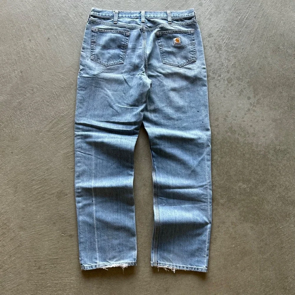 Vintage 90s Carhartt Jeans Size 37x32 Blue Light Wash Denim Straight Leg Worker